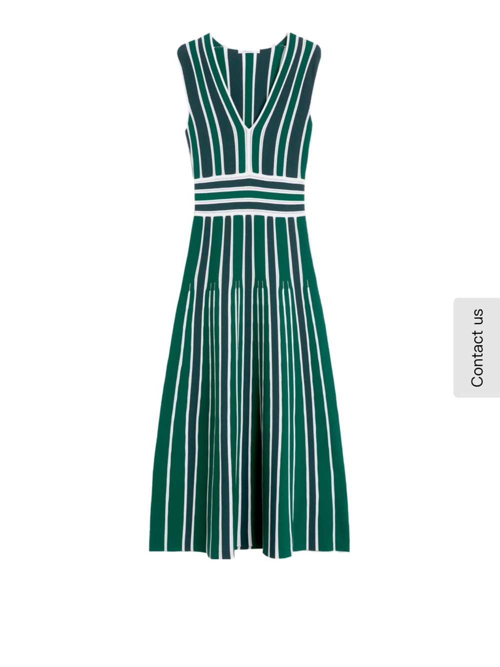 Max Mara Green and White Striped V-Neck Midi Dress